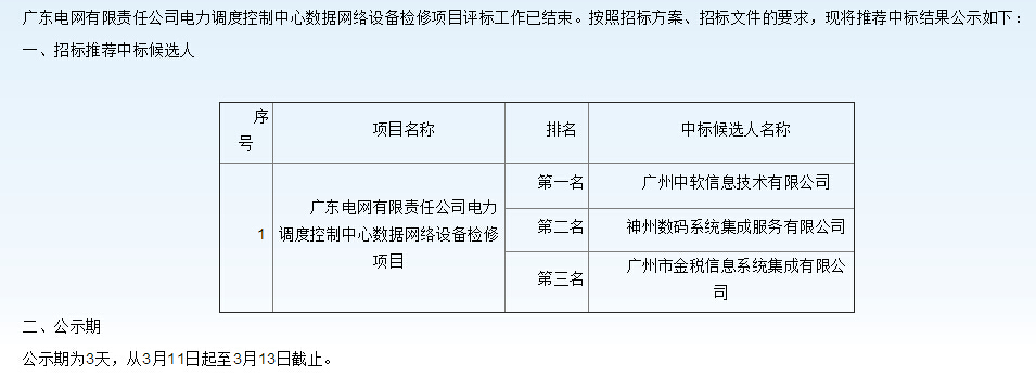 广州电网电力调度控制中心数据网络设备检修项目中标候选人公示