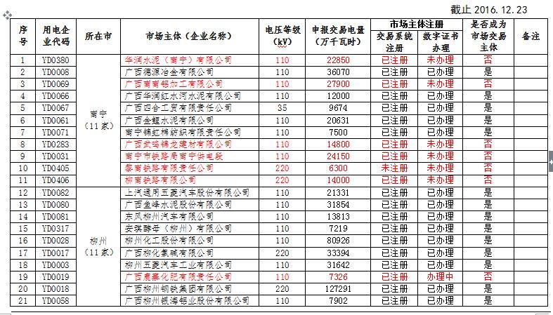 广西电力市场交易主体名单