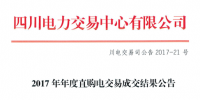 四川2017年度直购电交易结果:471.31亿千瓦时