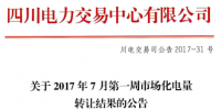 四川7月前两周市场化电量转让结果 已成交电量30686.6万千瓦时