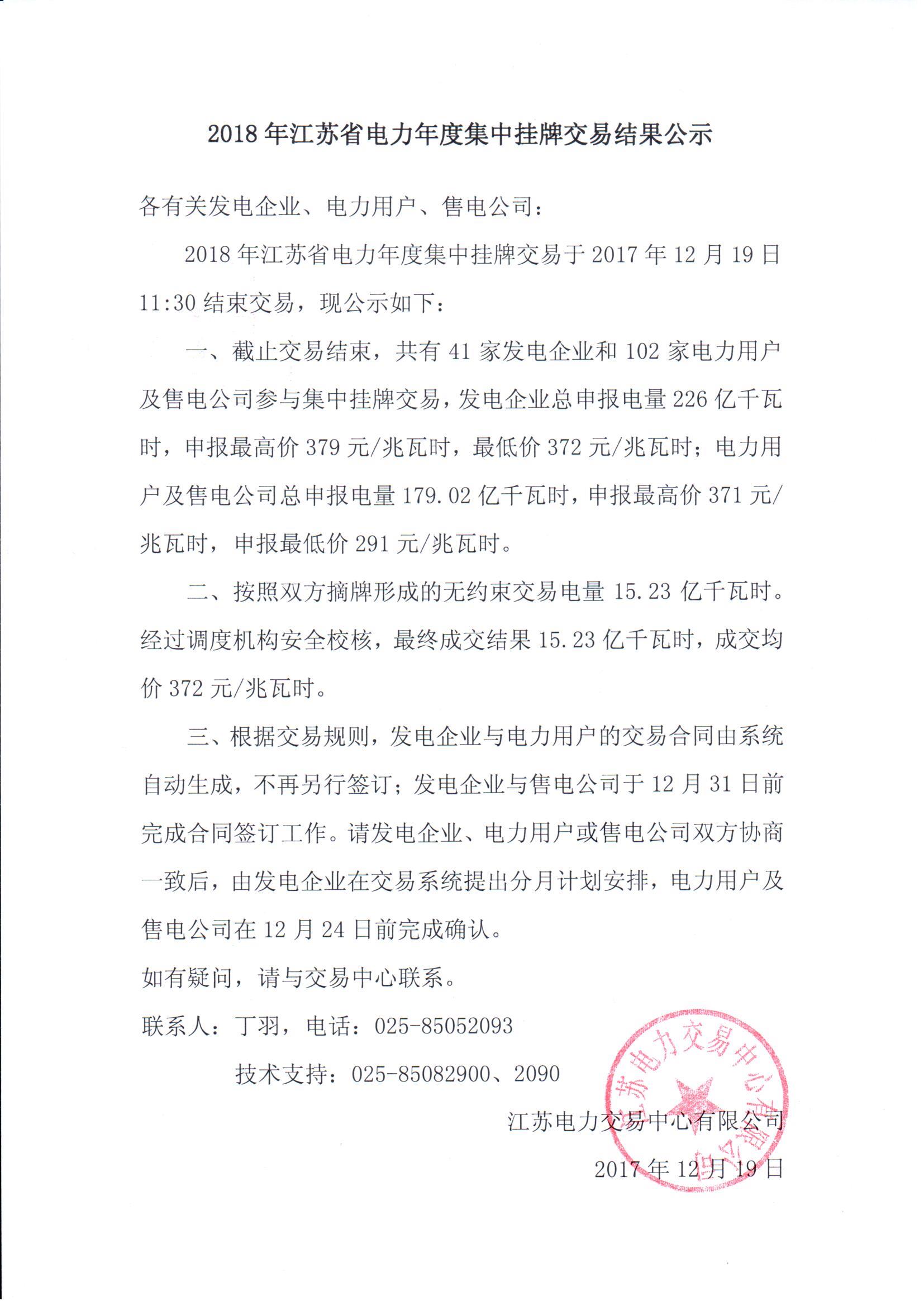 2018年江苏省电力集中挂牌交易结果公示