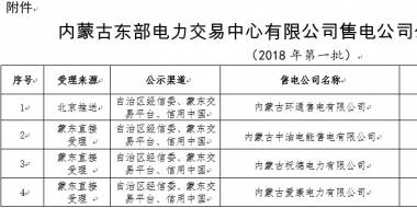 蒙东2018年第一批售电公司公示结果