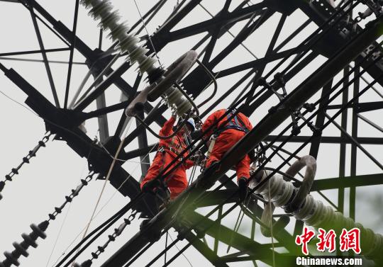 图为电力工人在70多米高空作业，为特高压复奉线重庆段进行八年来首次大修。　周毅 摄