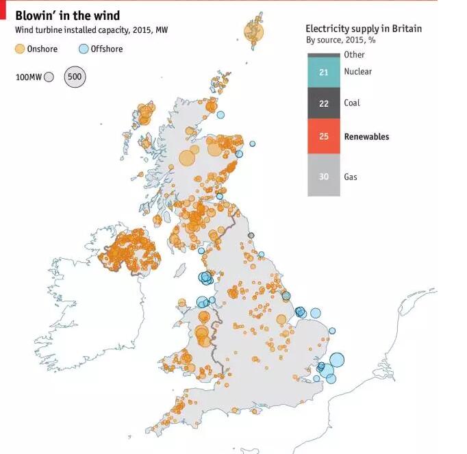 英国风电地图：近7000台风机、总装机容量14吉瓦