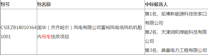 国华（齐齐哈尔）风电有限公司富裕风电场风机机舱内吊车技改项目中标候选人公示