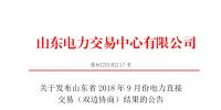 山东2018年9月份电力直接交易(双边协商)结果:成交电量132.38万兆瓦时