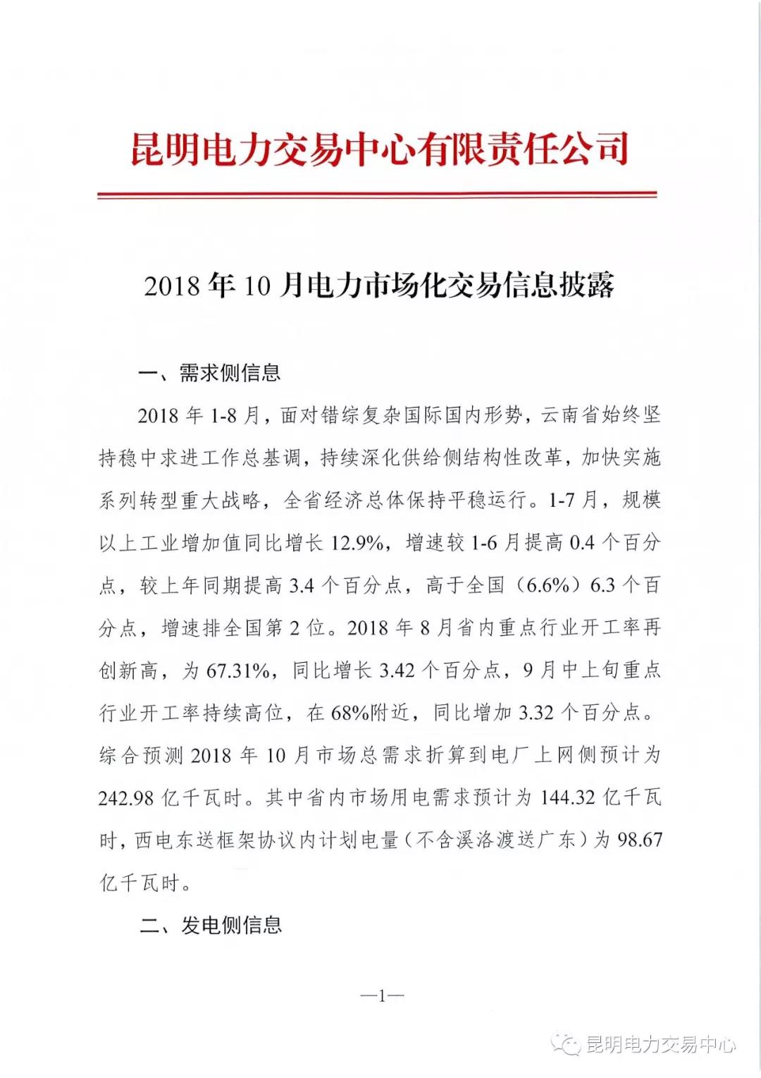 云南2018年10月电力市场化交易信息披露
