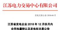 江苏电力交易中心日前发布了《江苏发电企业2018年12月份月内合同电量转让及发电权交易公告》