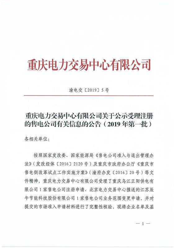 重庆公示2019年第一批2家售电公司（1家为北京推送）