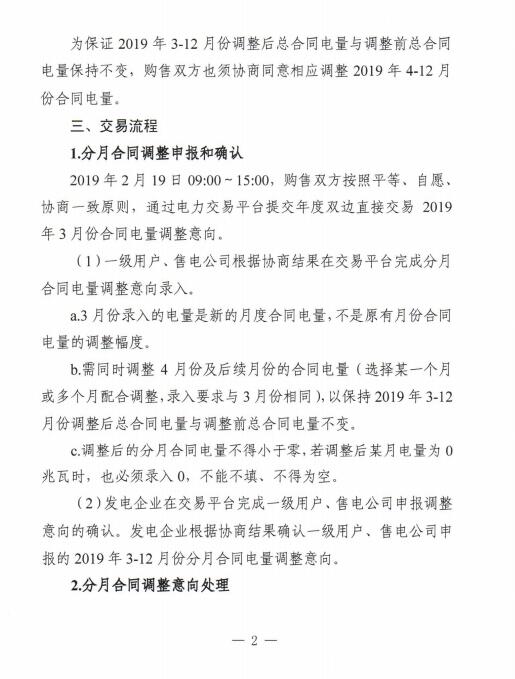  安徽2019年3月电力直接交易合同分月电量调整2月19日展开