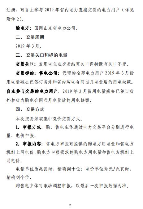 山东2019年3月电力直接交易（集中竞价）2月21日展开