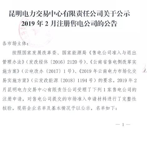 云南公示2019年2月受理的1家售电公司