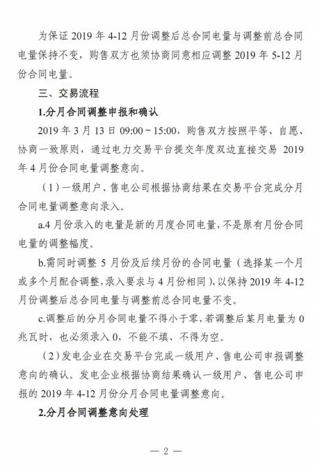 安徽2019年4月电力直接交易合同分月电量调整3月13日展开