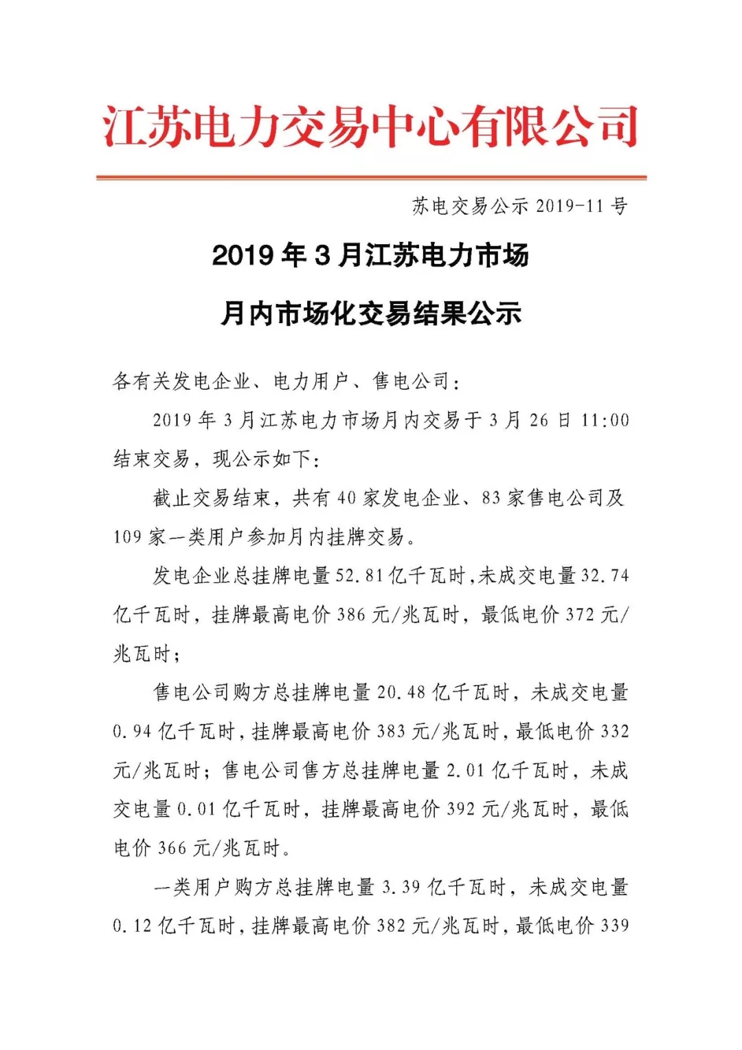 2019年3月江苏电力市场月内市场化交易结果：成交均价377.53元/兆瓦时