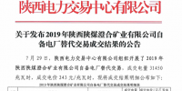 2019年陕西陕煤澄合矿业有限公司自备电厂替代交易结果：成交电量31450兆瓦时
