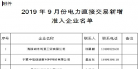 内蒙古2019年9月份电力直接交易新增准入企业名单